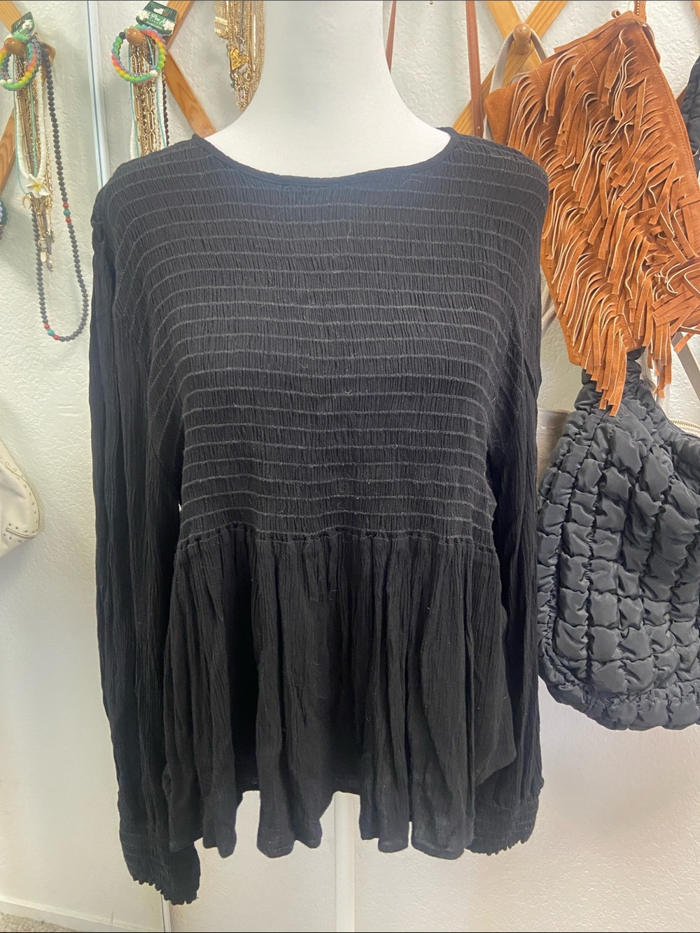 Love Sadie, Black Smocked Peplum Long-Sleeve Top - Women’s XL